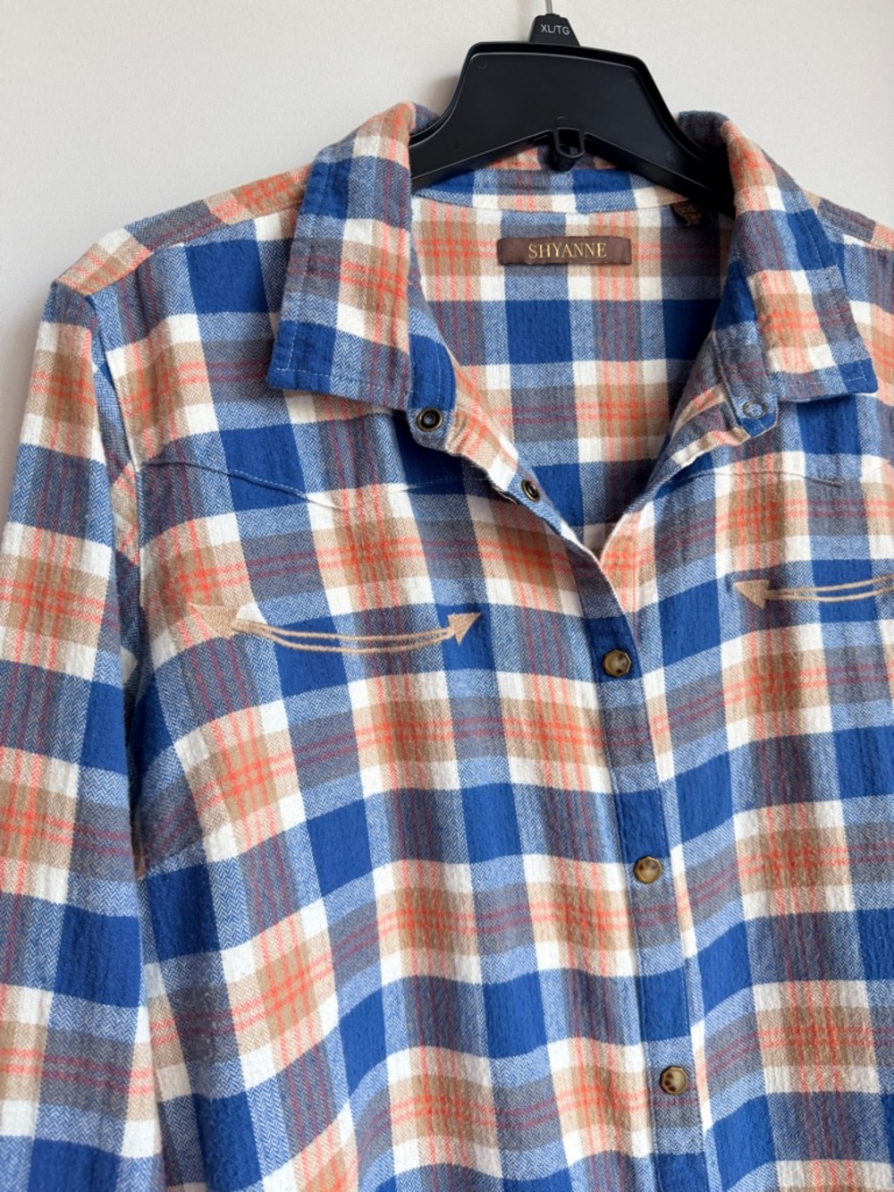 Shyanne Western Plaid Snap Flannel Shirt Women’s XXL Blue Orange and Tan Cotton